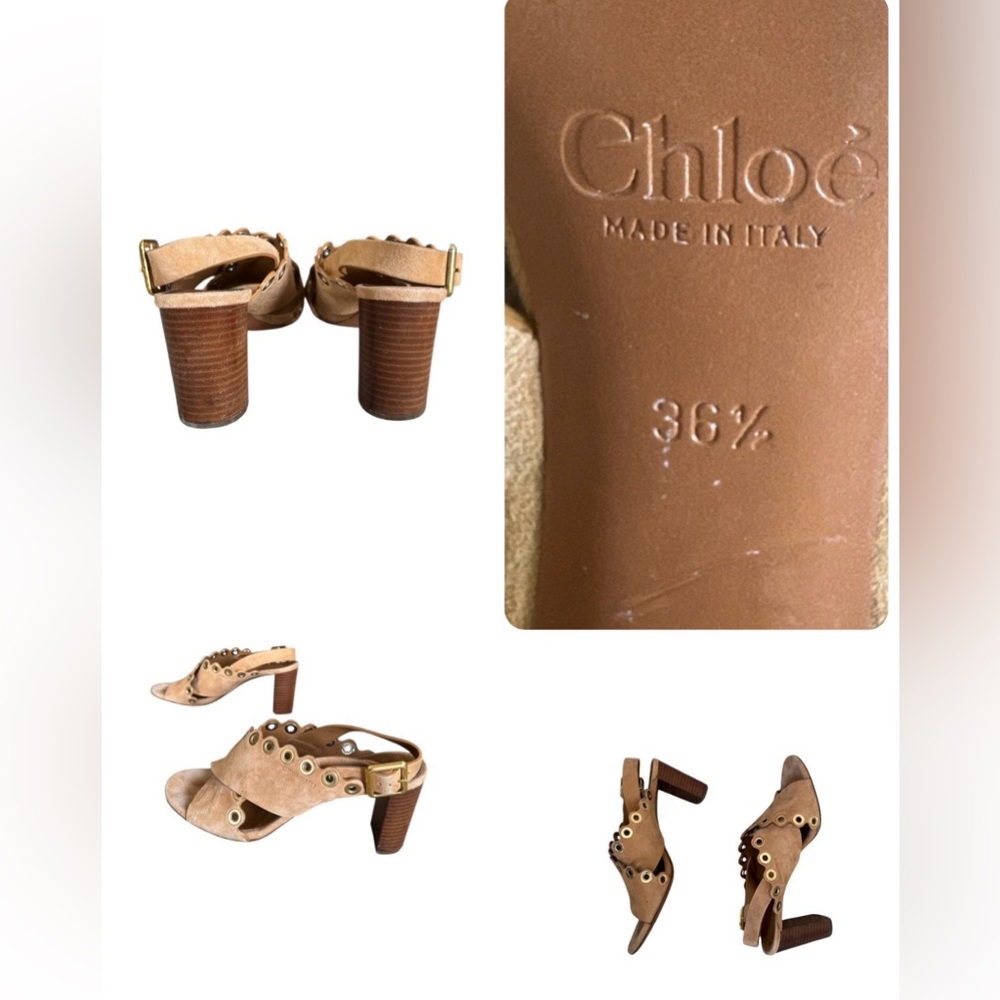 CHLOE Eyelet-Studded Suede Sandal, Angora Beige Tan authentic Women size 36.5